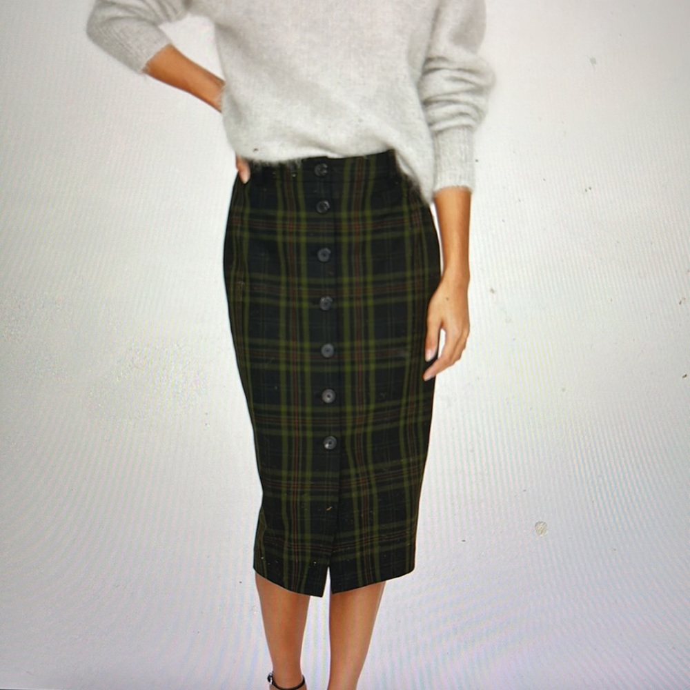 Aritzia Wilfred Leona Plaid Pencil Skirt Midi Button High Waist Green Size 00